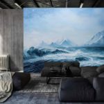 Fototapeta Abyss, Ocean Waves, Seascape Hand Drawn Oil . Blue Sea Tides And Ice Blocks, Frozen Pond, Winter Marine Scenery Background. Storm, Swash, Strong Current Acrylic Painting