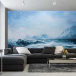 Fototapeta Abyss, Ocean Waves, Seascape Hand Drawn Oil . Blue Sea Tides And Ice Blocks, Frozen Pond, Winter Marine Scenery Background. Storm, Swash, Strong Current Acrylic Painting