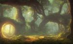 Fototapeta Amazing Fantastic Curved Forest. Forest Landscape Of Trees In The Rays Of The Sun. 3D