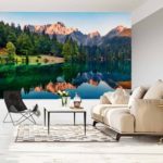 Fototapeta Calm Morning View Of Fusine Lake. Colorful Summer Sunrise In Julian Alps With Mangart Peak On Background, Province Of Udine, Italy, Europe. Beauty Of Nature Concept Background.