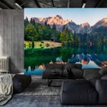 Fototapeta Calm Morning View Of Fusine Lake. Colorful Summer Sunrise In Julian Alps With Mangart Peak On Background, Province Of Udine, Italy, Europe. Beauty Of Nature Concept Background.