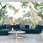 Fototapeta Children's Wallpaper, Watercolor Jungle And Animals. Lions, Giraffe, Elephant, Parrots, Zebra, Lemur