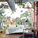 Fototapeta Children's Wallpaper, Watercolor Jungle And Animals. Lions, Giraffe, Elephant, Parrots, Zebra, Lemur