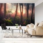 Fototapeta Colorful Sunset Forest Scenery With Beautiful Trees And Plants, Natural Green Environment With Amazing Nature