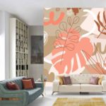Fototapeta Contemporary Collage Seamless Pattern. Terracotta Abstract Shapes, Tropical Leaves And Continuous Line Of Leaf. Texture For Textile, Packaging, Wrapping Paper, Social Media Post Etc. .