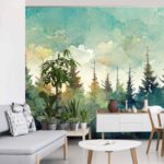 Fototapeta Forest Silhouette Background. Watercolor Painting Of A Spruce Forest