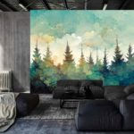 Fototapeta Forest Silhouette Background. Watercolor Painting Of A Spruce Forest