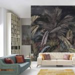 Fototapeta Pattern Wallpaper Jungle Tropical Drawings Of Palms Trees And Birds Of Different Colors With Birds And Black Background