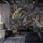 Fototapeta Pattern Wallpaper Jungle Tropical Drawings Of Palms Trees And Birds Of Different Colors With Birds And Black Background