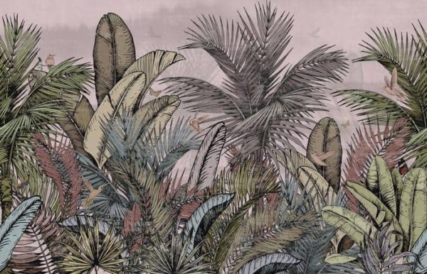 Fototapeta Pattern Wallpaper Jungle Tropical Drawings Of Palms Trees And Birds Of Different Colors With Birds And Pink Background