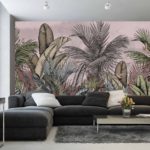 Fototapeta Pattern Wallpaper Jungle Tropical Drawings Of Palms Trees And Birds Of Different Colors With Birds And Pink Background
