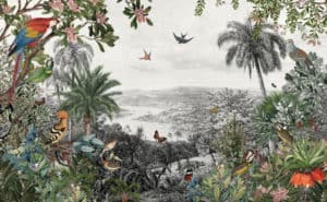 Fototapeta Tropical Jungle Wallpaper Palm Trees, Birds And Parrot In The River Land With Flying Butterflies