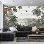 Fototapeta Tropical Jungle Wallpaper Palm Trees, Birds And Parrot In The River Land With Flying Butterflies