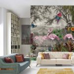 Fototapeta Wallpaper Jungle And Tropical Forest Banana Palm And Tropical Birds, Old Drawing