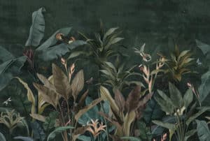 Fototapeta Wallpaper Palm Tropical Forest Vintage Jungle Pattern With Birds Dark Mood