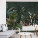 Fototapeta Wallpaper Palm Tropical Forest Vintage Jungle Pattern With Birds Dark Mood