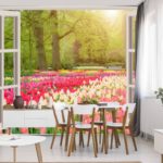 Fototapeta Window With Beautiful Spring Tulips Flowers Garden In Netherlands.