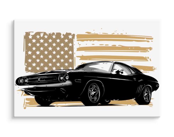 Obraz Na Płótnie Amerykański Muscle Car Na Tle Beżowej Flagi Usa