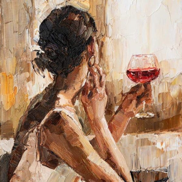 Obraz Na Płótnie Fragment Of Artwork Where Beautiful Attractive Young Woman Holding A Glass Of Wine. Oil Painting On Canvas.