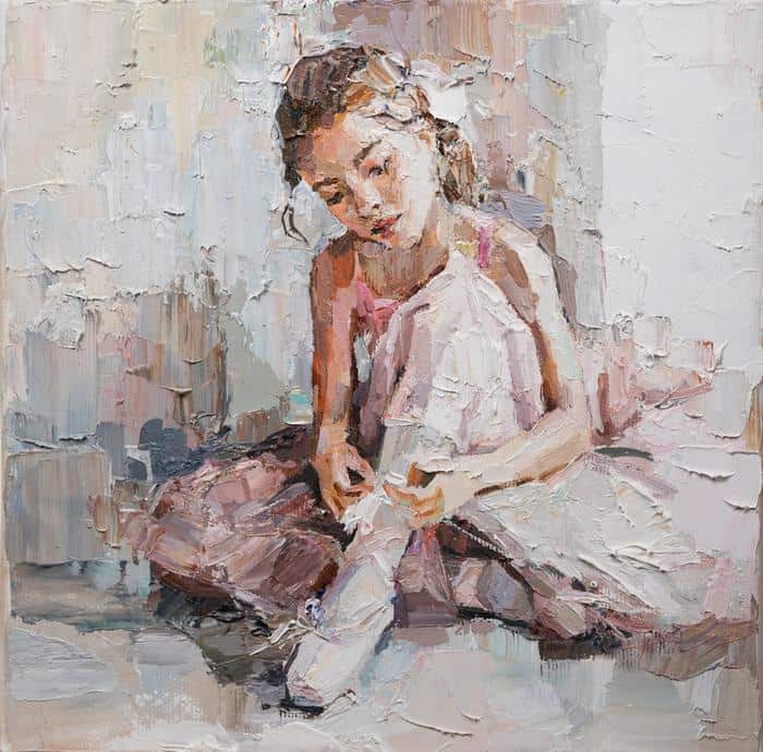 Obraz Na Płótnie Little Ballerina With Curly Hair Sits And Fastens Pointe Shoes . Oil Painting, Palette Knife Technique And Brush.