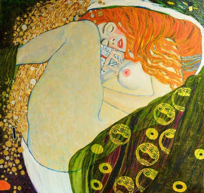 Obraz Na Płótnie Oil On Canvas. Oil Painting. Gold Leaf. Beautiful Red Hair Girl. Based On Painting Danae. G. Klimt