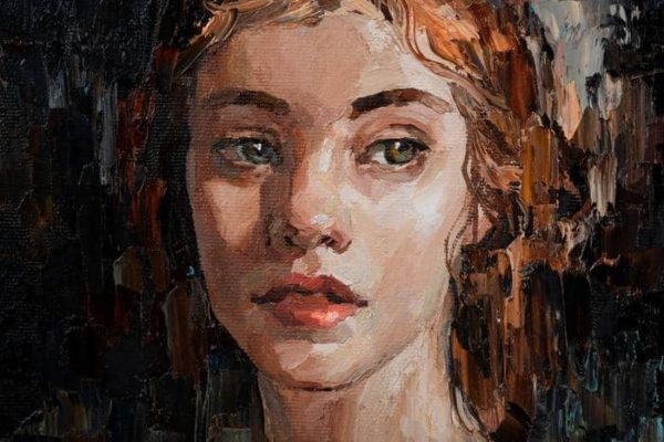 Obraz Na Płótnie Portrait Of A Young, Dreamy Girl With Curly Brown Hair . Palette Knife Technique Of Oil Painting And Brush.