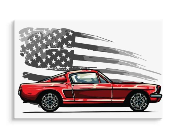 Obraz Na Płótnie Samochód Sportowy Na Szarym Tle Retro Flagi Usa