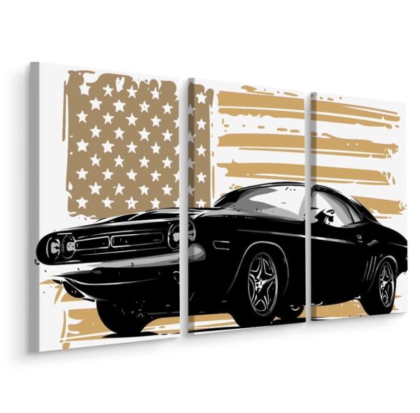 Obraz Wieloczęściowy Amerykański Muscle Car Na Tle Flagi Usa