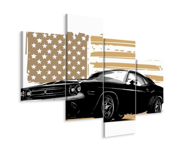 Obraz Wieloczęściowy Amerykański Muscle Car Z Flagą Usa W Tle