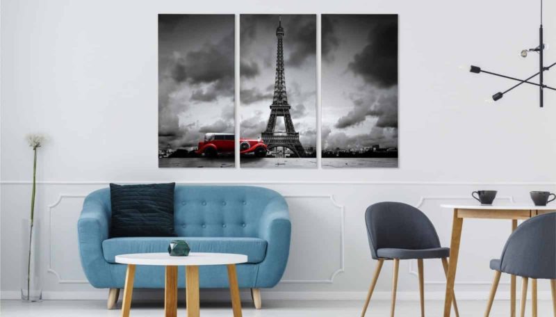Obraz Wieloczęściowy Czarno-Biały Widok Na Wieżę Eiffla I Samochód Retro
