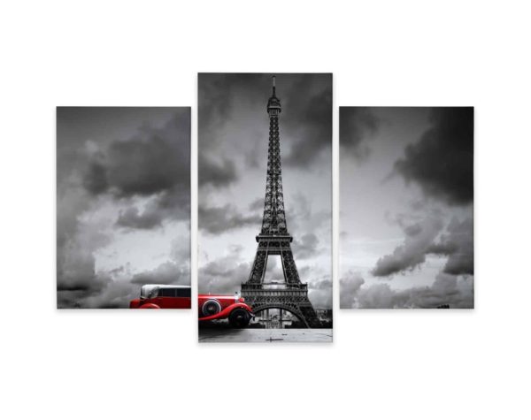 Obraz Wieloczęściowy Czarno-Biały Widok Na Wieżę Eiffla I Samochód Retro