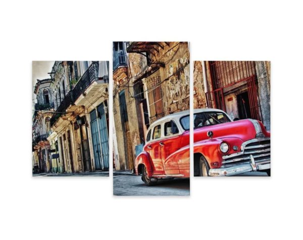 Obraz Wieloczęściowy Stary Amerykański Samochód I Budynki Hawany