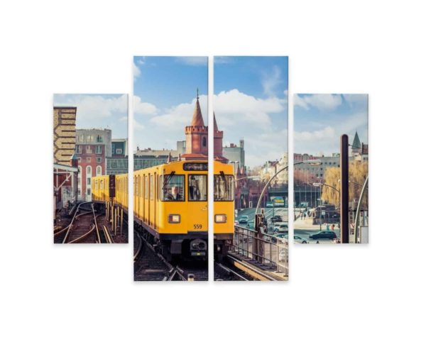 Obraz Wieloczęściowy Żółty Pociąg W Berlinie Na Torach Kolejowych