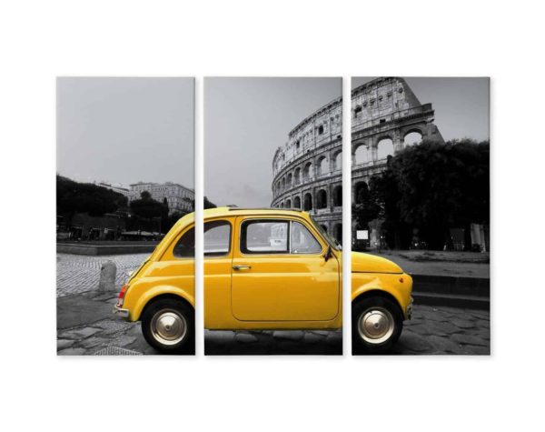 Obraz Wieloczęściowy Żółty Samochód Retro Na Tle Koloseum
