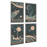 Plakat Wieloczęściowy Set Rakiety Kosmiczne Planety I Napisy W Stylu Vintage