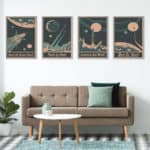 Plakat Wieloczęściowy Set Rakiety Kosmiczne Planety I Napisy W Stylu Vintage