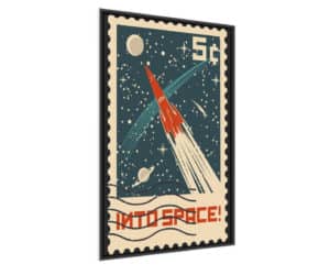 Plakat Znaczek Pocztowy Retro Z Rakietą W Kosmosie