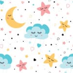 Tapeta Dla Dzieci - Kolorowe Śpiące Gwiazdki, Chmurki I Księżyce