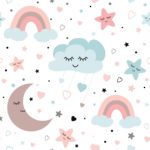 Tapeta Dla Dzieci - Śpiące Chmurki, Księżyce, Gwiazdy I Tęcze