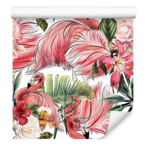 Tapeta Do Salonu, Flamingi, Róże, Kwiaty, Liście