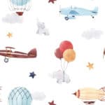 Tapeta Dziecięca Zwierzątka Samoloty Balony Chmury