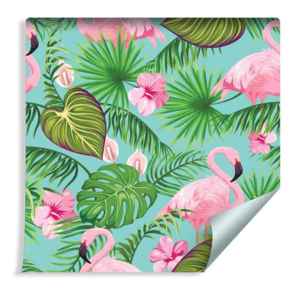 Tapeta Flamingi, Kwiaty I Liście Tropikalne