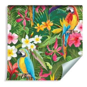 Tapeta Papugi, Tropikalne Liście I Kwiaty