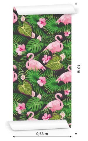 Tapeta Tropikalna - Flamingi, Liście I Kwiaty