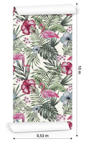 Tapeta Tropikalna - Flamingi, Liście I Kwiaty
