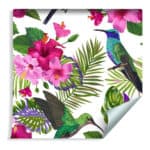 Tapeta Tropikalna - Kolorowe Kolibry, Liście I Kwiaty